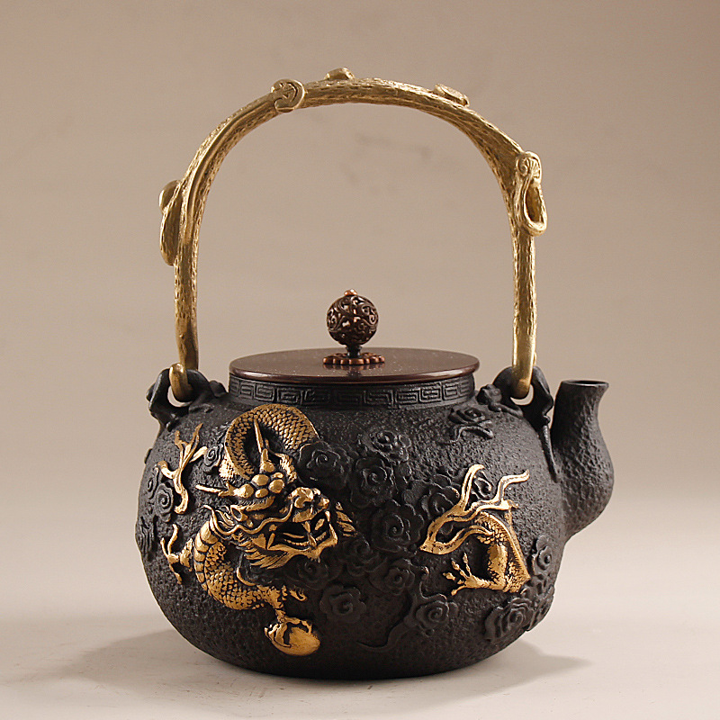 Cast Iron Tetsubin - 1.2L鋳鉄製水壺/功夫茶壺（模様入り）、高級ビジネスギフト、中国レトロスタイル、手作り、家庭用茶器セット