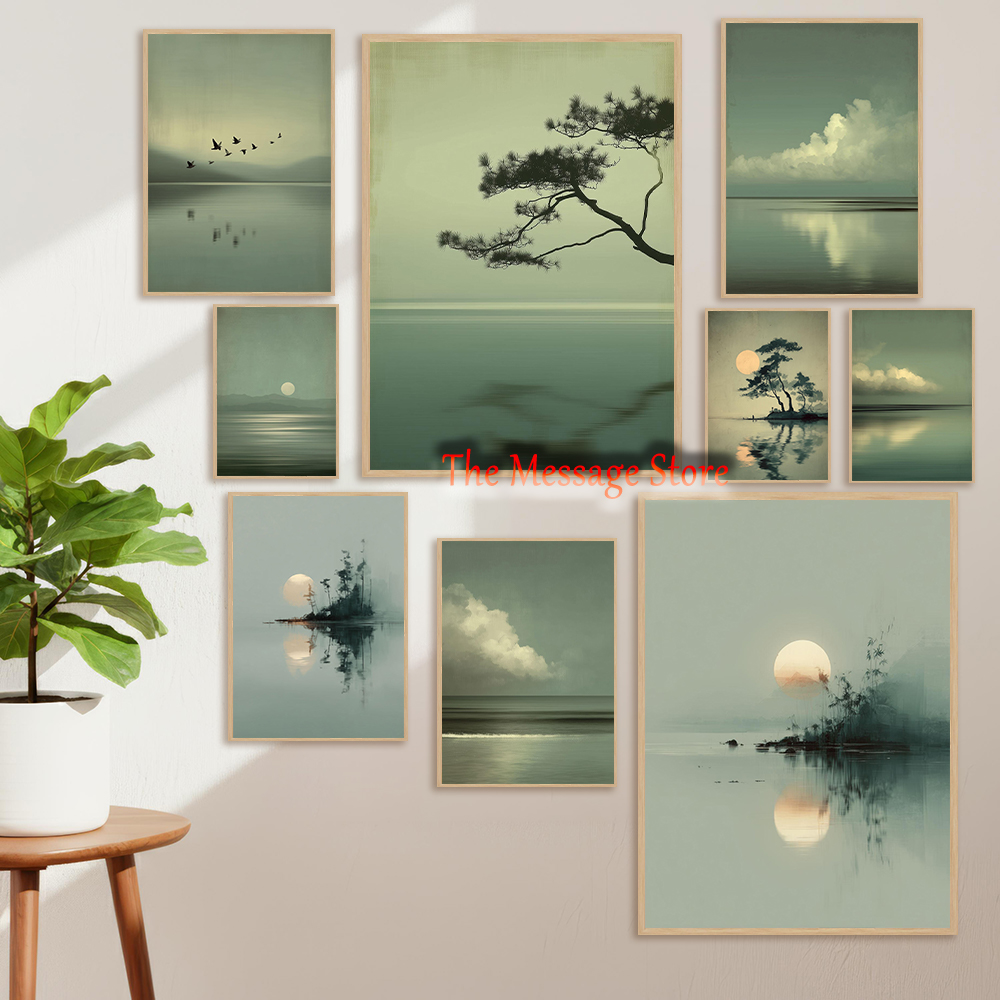 日本の風景ミニマリスト月湖雲海景禅侘び寂びセージグリーンポス - Japanese Zen Lifestyle のレビューと価格
